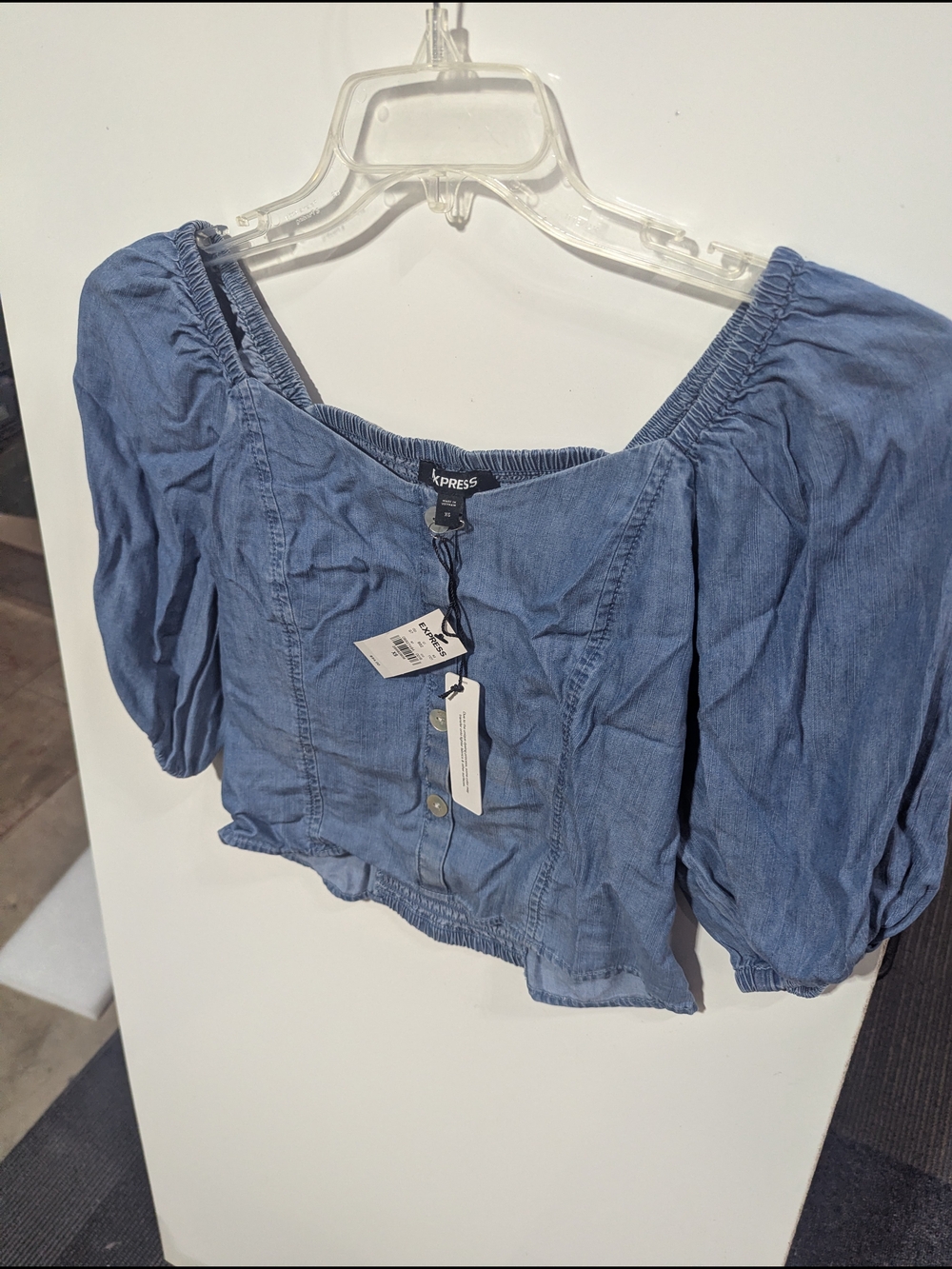 Express Blue Off-Shoulder Button Crop Top